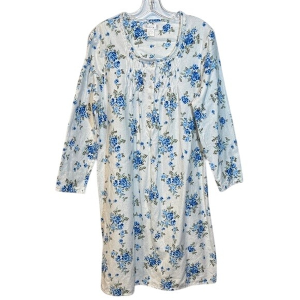 Loti Fashion Women's White  Blue Floral 100%‎ Cotton Soft Warm Nightgown Size L